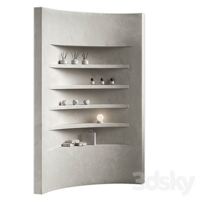 Wavy shelves 3. Rack shelving with decor. Corner wall partitions with niche.
