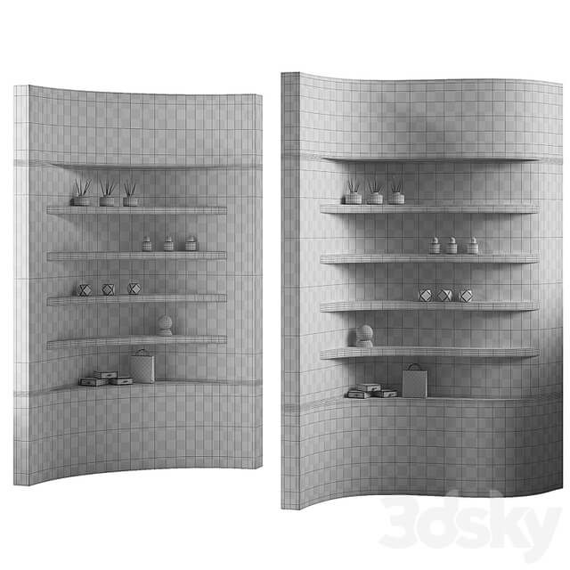Wavy shelves 3. Rack shelving with decor. Corner wall partitions with niche.