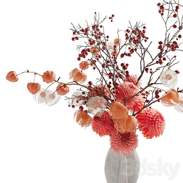 Autumn bouquet with dahlias, physalis and hawthorn