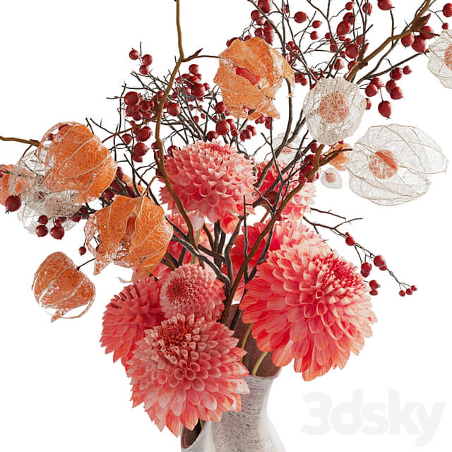 Autumn bouquet with dahlias, physalis and hawthorn