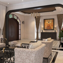  3D Indochine Living Room - Kitchen Interior By Quang Vi 