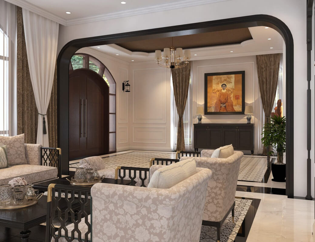  3D Indochine Living Room - Kitchen Interior By Quang Vi