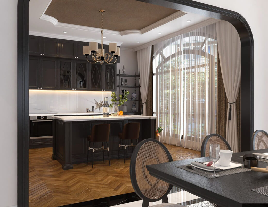  3D Indochine Living Room - Kitchen Interior By Quang Vi