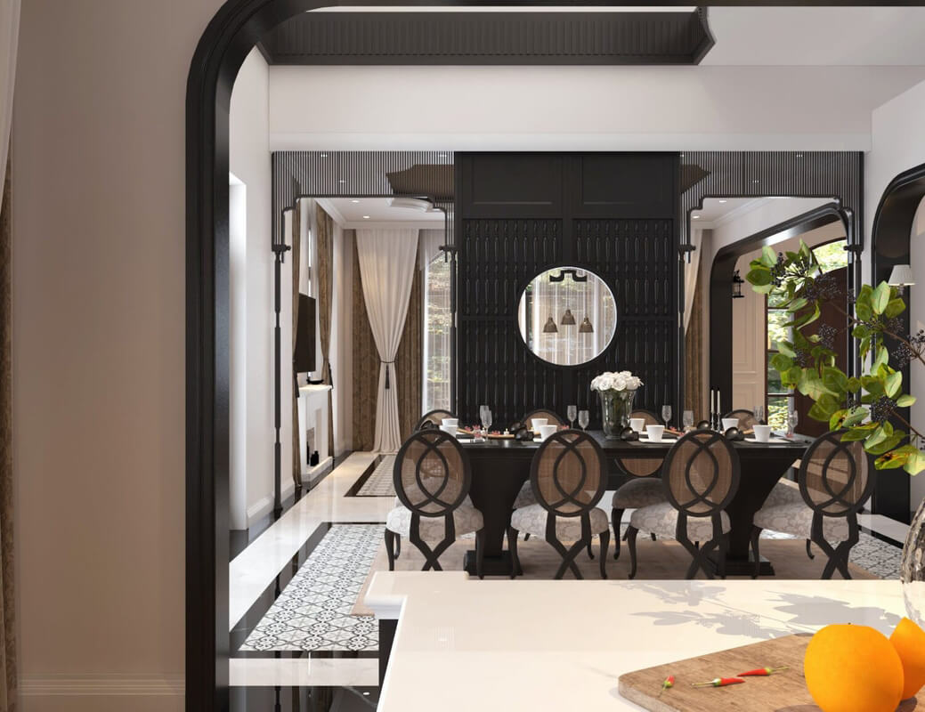  3D Indochine Living Room - Kitchen Interior By Quang Vi