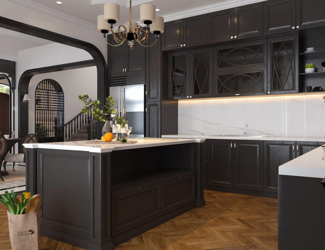  3D Indochine Living Room - Kitchen Interior By Quang Vi