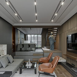  3D Living Room - Kitchen Interior By Nguyen Thien Khai 