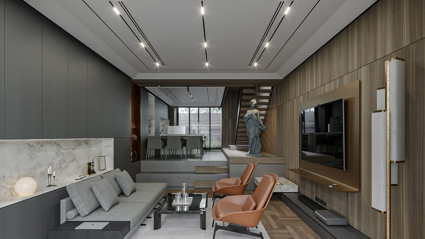  3D Living Room - Kitchen Interior By Nguyen Thien Khai