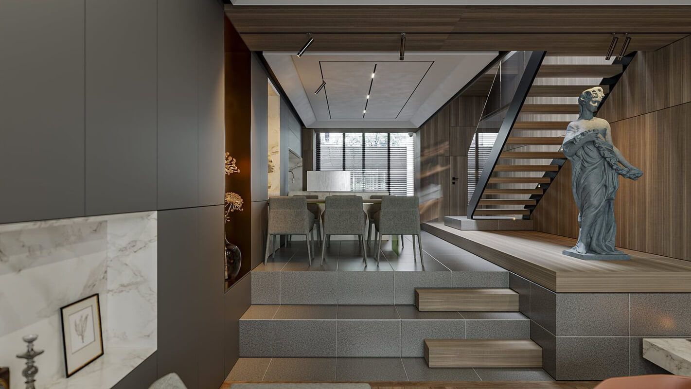  3D Living Room - Kitchen Interior By Nguyen Thien Khai