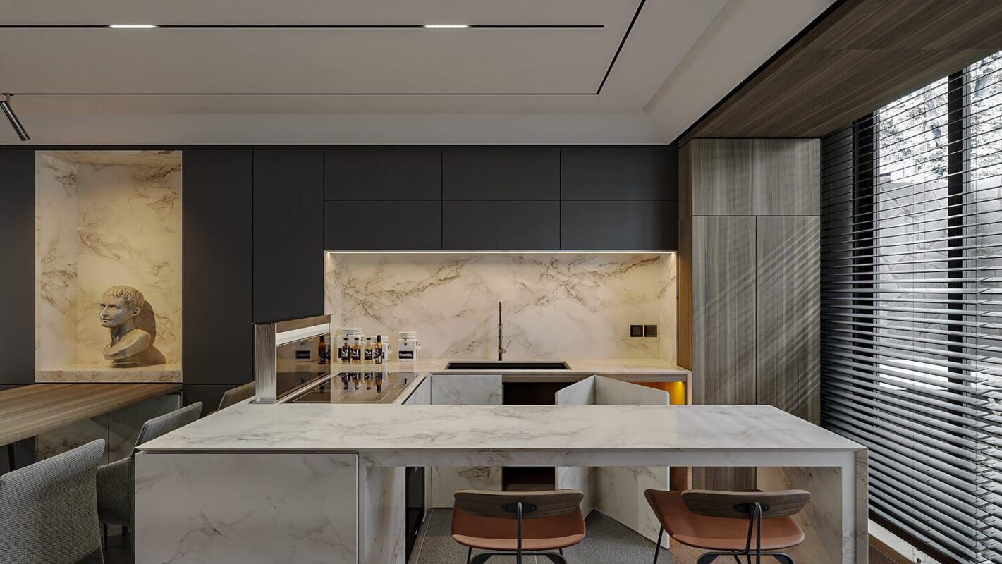  3D Living Room - Kitchen Interior By Nguyen Thien Khai