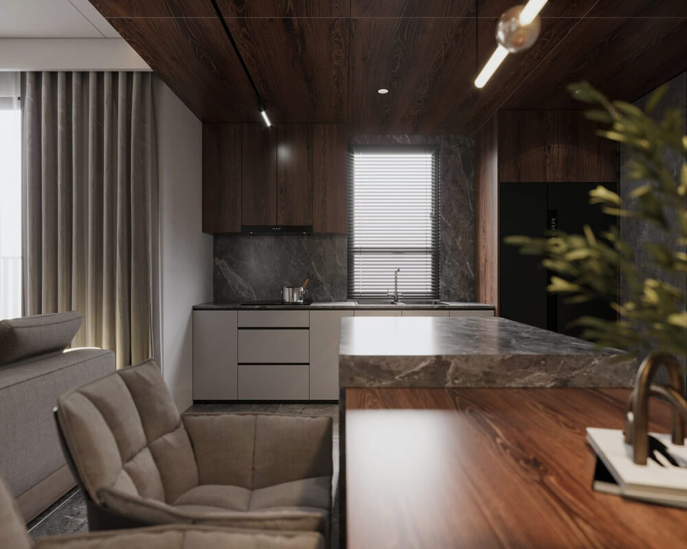  3D Living Room - Kitchen Interior By Phong Mai Nuovo