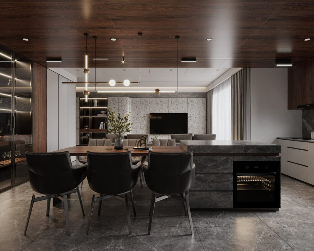 3D Living Room - Kitchen Interior By Phong Mai Nuovo