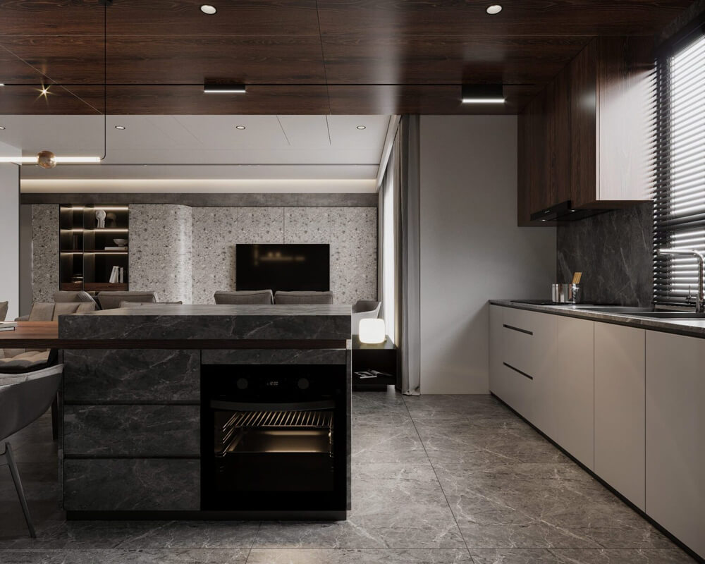  3D Living Room - Kitchen Interior By Phong Mai Nuovo