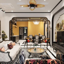  3D Indochine Living Room - Kitchen Interior By Bao An 