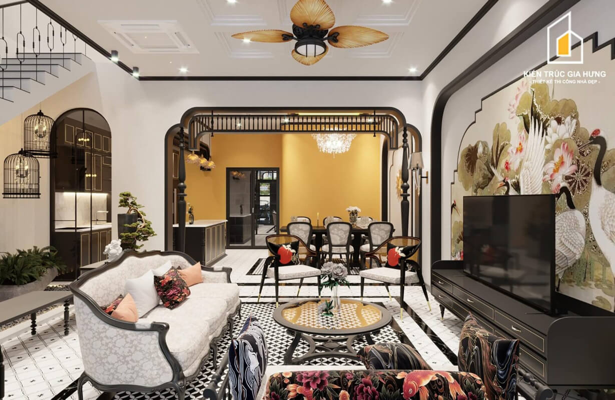  3D Indochine Living Room - Kitchen Interior By Bao An
