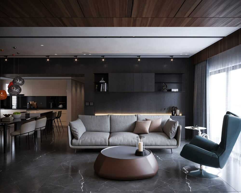 3D Living Room - Kitchen Interior By Mai Long