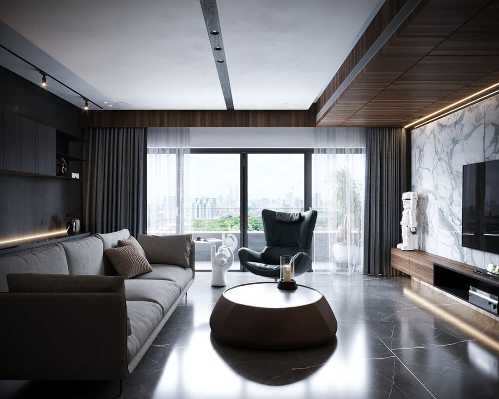  3D Living Room - Kitchen Interior By Mai Long