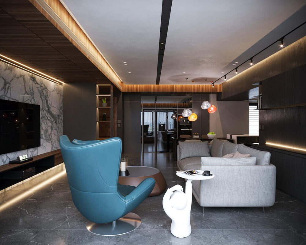  3D Living Room - Kitchen Interior By Mai Long