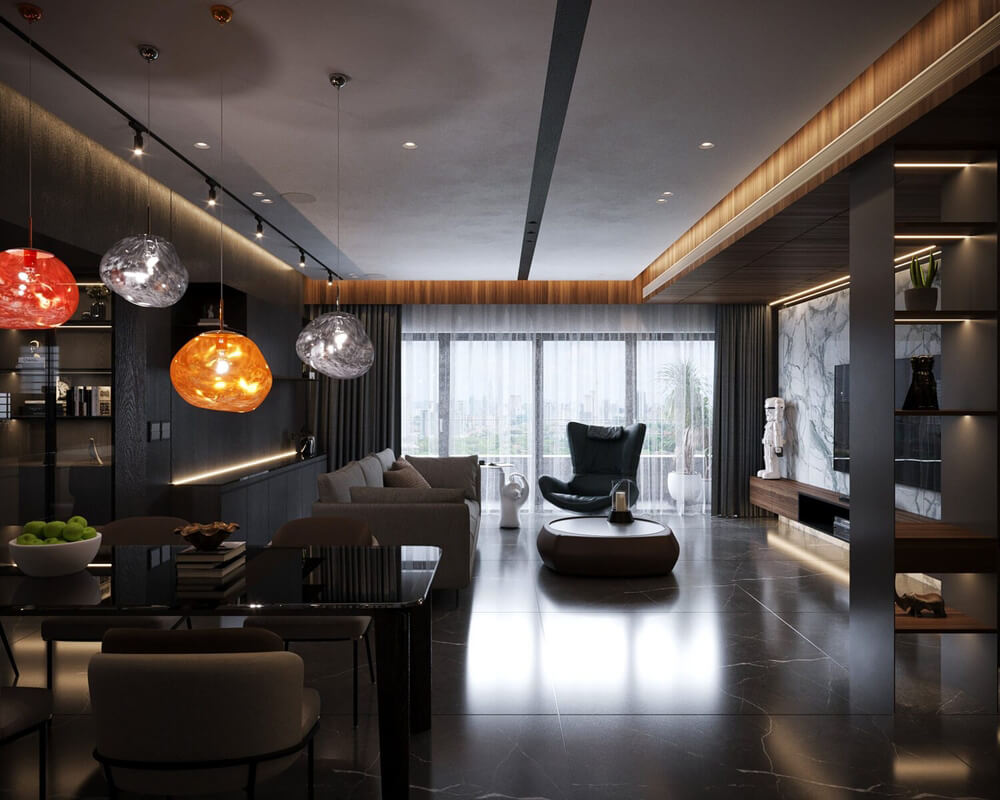  3D Living Room - Kitchen Interior By Mai Long