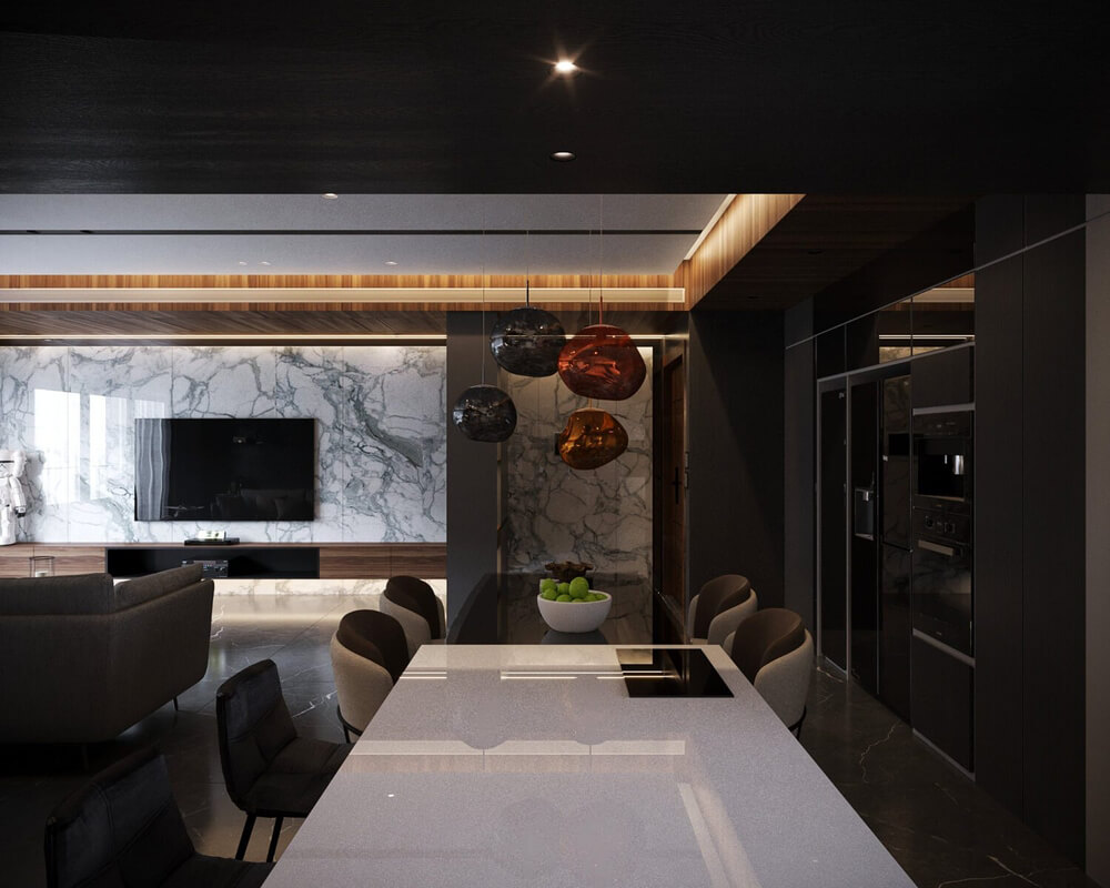  3D Living Room - Kitchen Interior By Mai Long