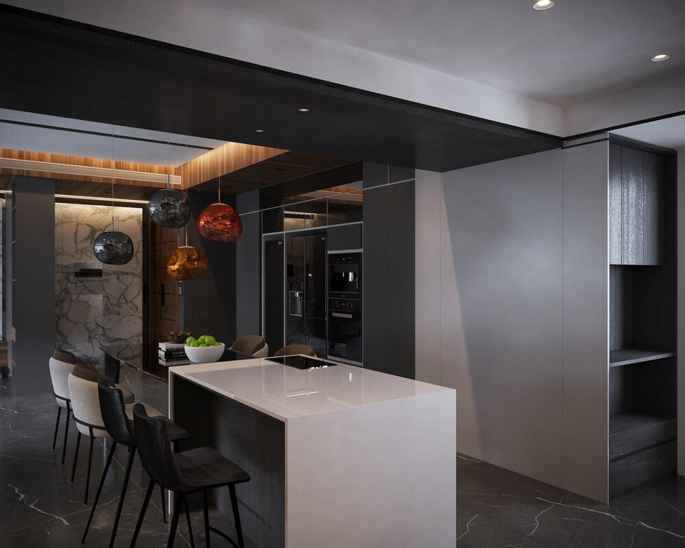  3D Living Room - Kitchen Interior By Mai Long