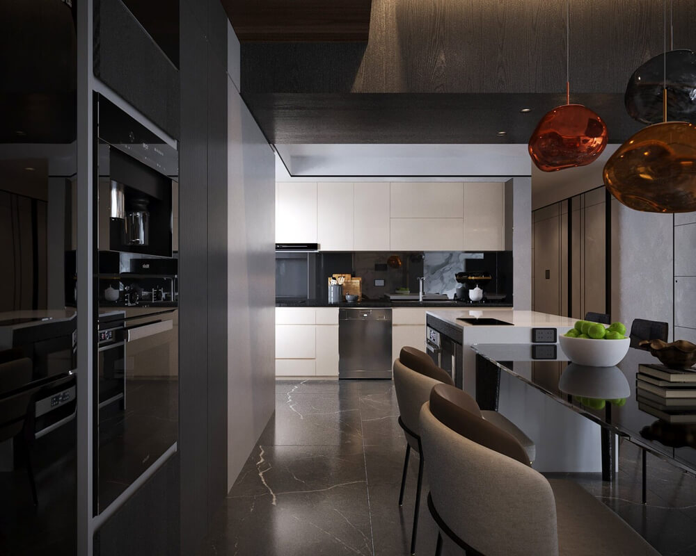  3D Living Room - Kitchen Interior By Mai Long