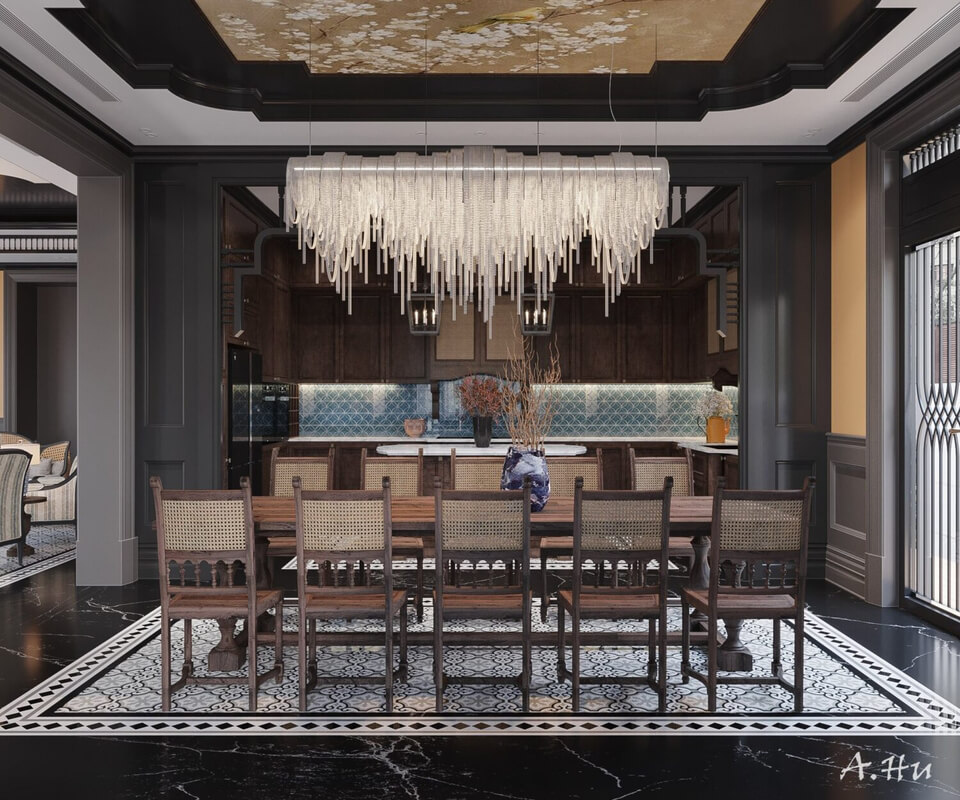  3D Indochine Living Room - Kitchen Interior By Anh Tehu