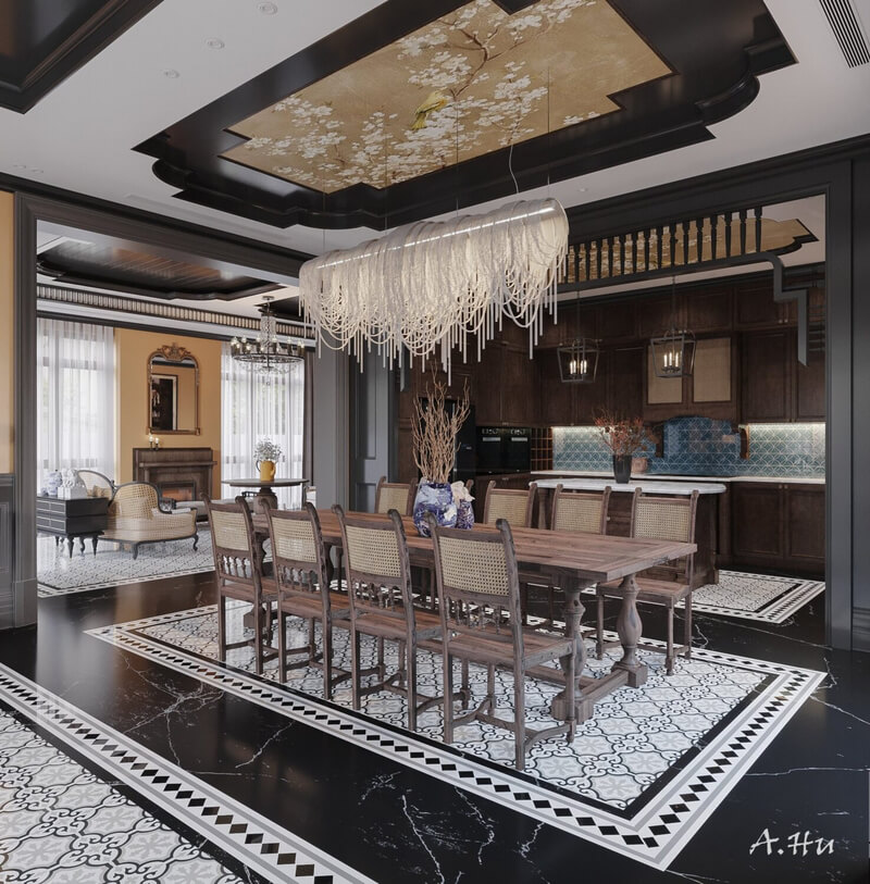  3D Indochine Living Room - Kitchen Interior By Anh Tehu