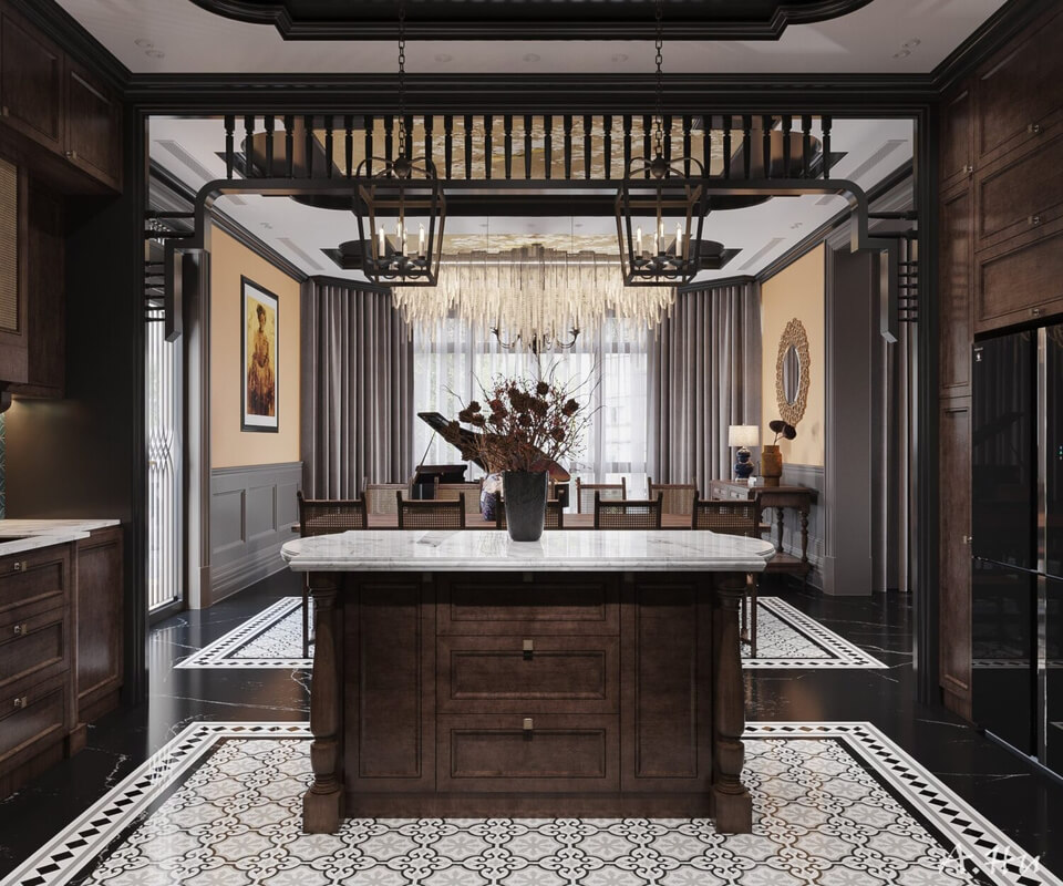  3D Indochine Living Room - Kitchen Interior By Anh Tehu