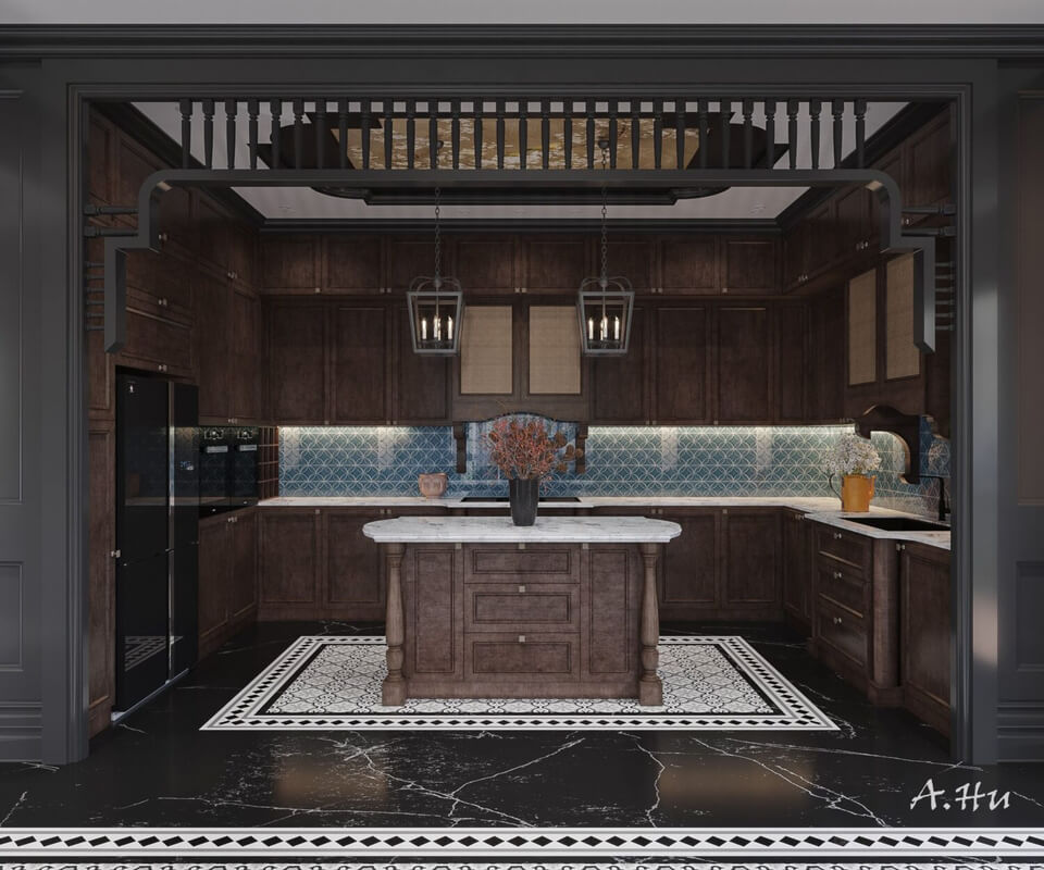 3D Indochine Living Room - Kitchen Interior By Anh Tehu