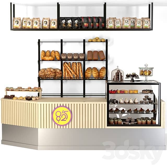 Coffee point in loft style with a showcase with desserts and fresh pastries 3D Models
