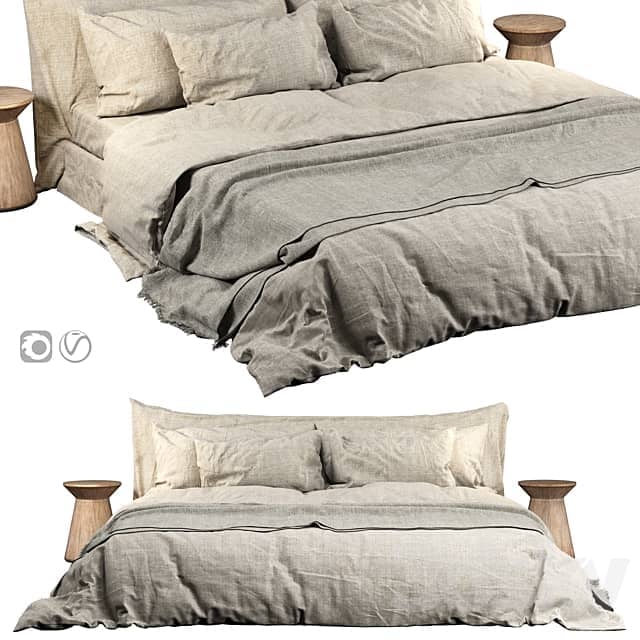 Neutral Colored Cozy Bed with Zara Home Linen Bedding Bed 3D Models