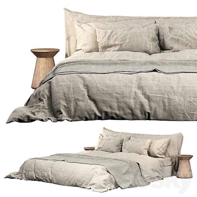 Neutral Colored Cozy Bed with Zara Home Linen Bedding Bed 3D Models