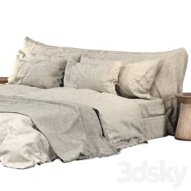 Neutral Colored Cozy Bed with Zara Home Linen Bedding Bed 3D Models