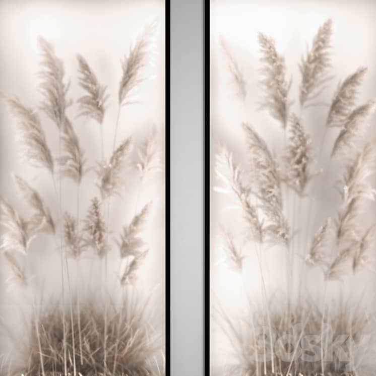 Phytomodule, phytobox and a vertical garden of dried flowers in a niche behind translucent glass cortaderium. Bouquet 282.