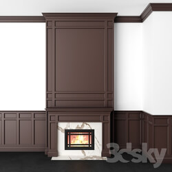Fireplace - Brown wall panels and marble fireplace 