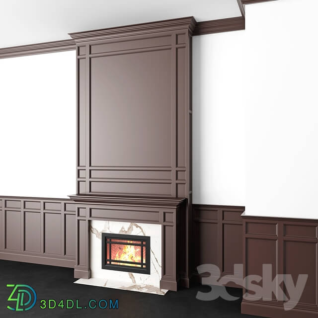 Fireplace - Brown wall panels and marble fireplace