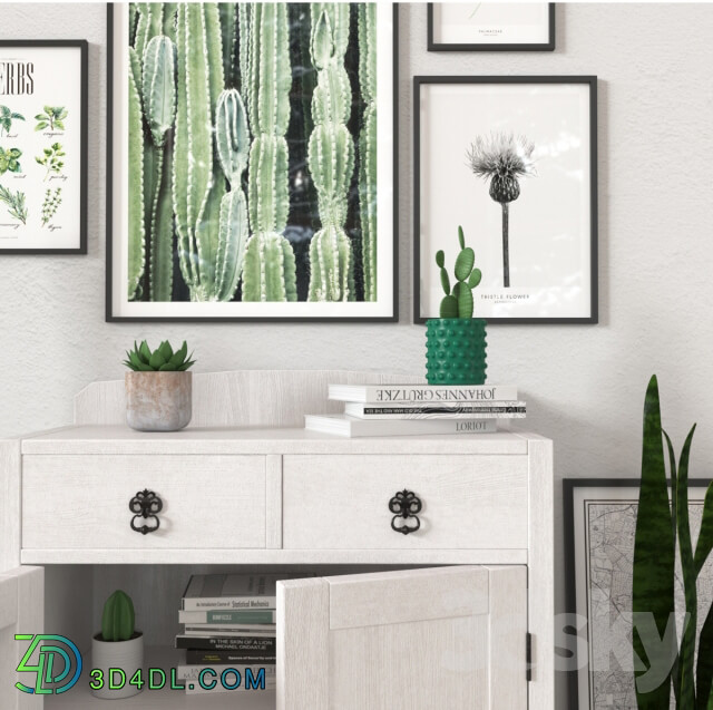 Sideboard Chest of drawer Green and white set with plants