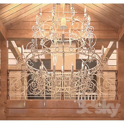 Ceiling light - large cast iron chandelier and railings 