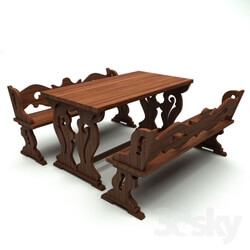 Table _ Chair - carved table and benches 