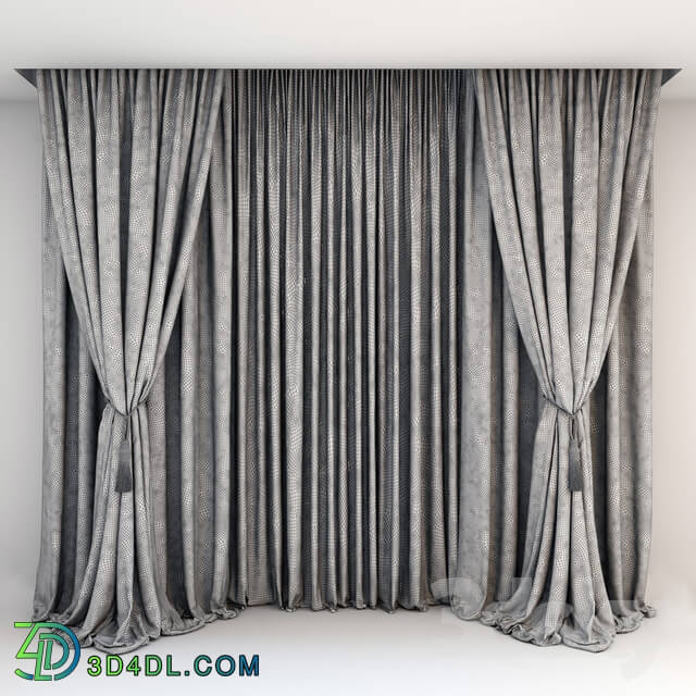 Curtain - Black satin curtains with pick-up brush_ gray curtains in the floor and tulle