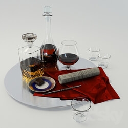 Food and drinks - A set with a decanter of whiskey and brandy on a large platter - Set whiskey and cognac decanter on dish 