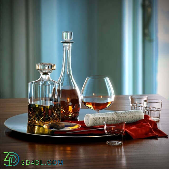 Food and drinks - A set with a decanter of whiskey and brandy on a large platter - Set whiskey and cognac decanter on dish