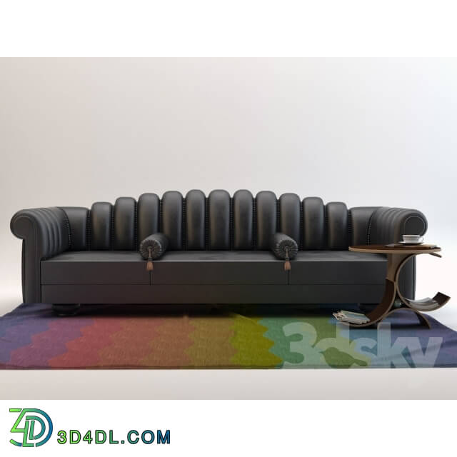 Sofa - Black Leather sofa and 3 circle table