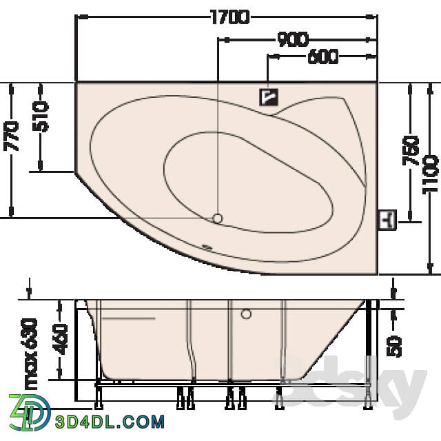 Bathtub - PAA CELLO 1700mm x 1100mm x 630mm