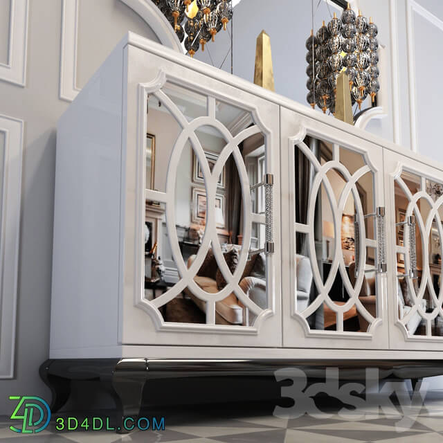 Sideboard _ Chest of drawer - High End Italian White Fretwork Mirrored Sideboard
