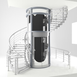 Staircase - a spiral staircase and elevator round 